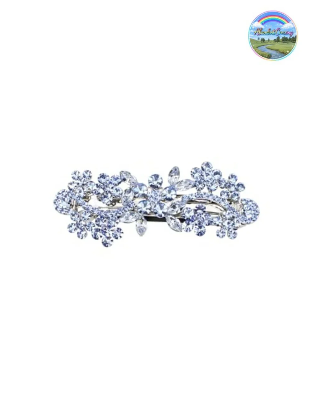 Rhinestone Crystal Flower Hair Barrette Clip Rhodium Plated Alloy